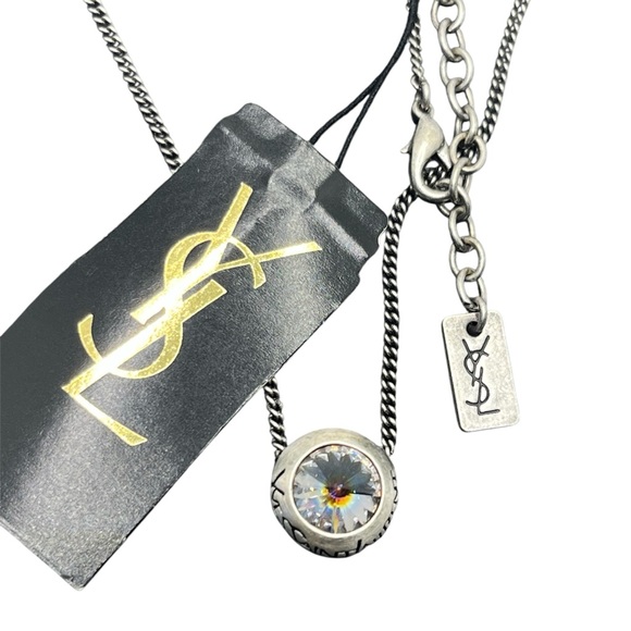 Yves Saint Laurent YSL Logo silver tone bezel rhinestone necklace
